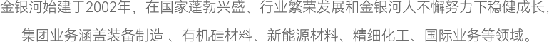 凯发k8一触即发始建于2002年，在国家蓬勃兴盛、行业繁荣发展和凯发k8一触即发人不懈努力下稳健成长，
集团业务涵盖装备制造 、有机硅材料、新能源材料、精细化工、国际业务等领域。
